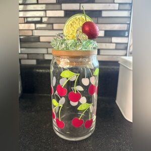Cherry Lime Glass Cup with Decorated Bamboo Lid